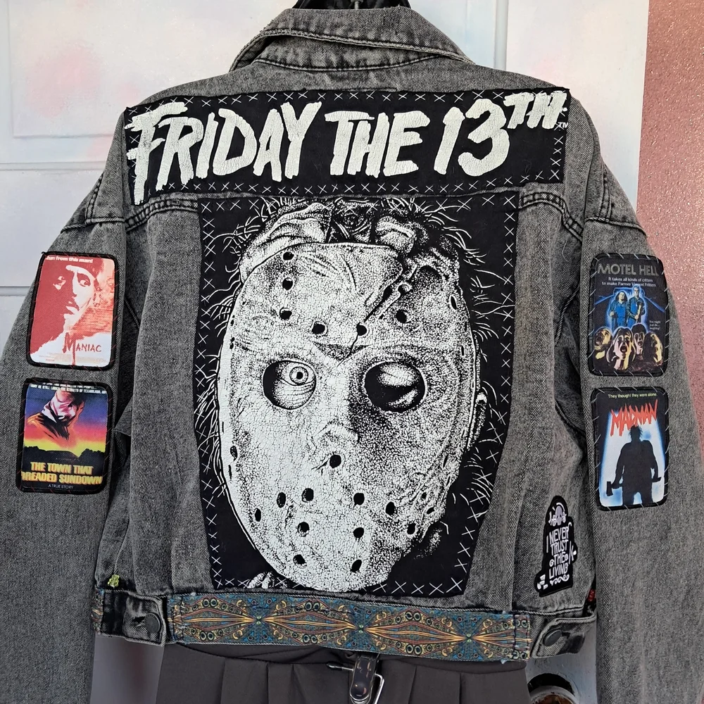 Custom RAGE Horror Cropped Grey Denim Jacket! OOAK Unique Fandom Wear! Friday 13 - Picture 2 of 16